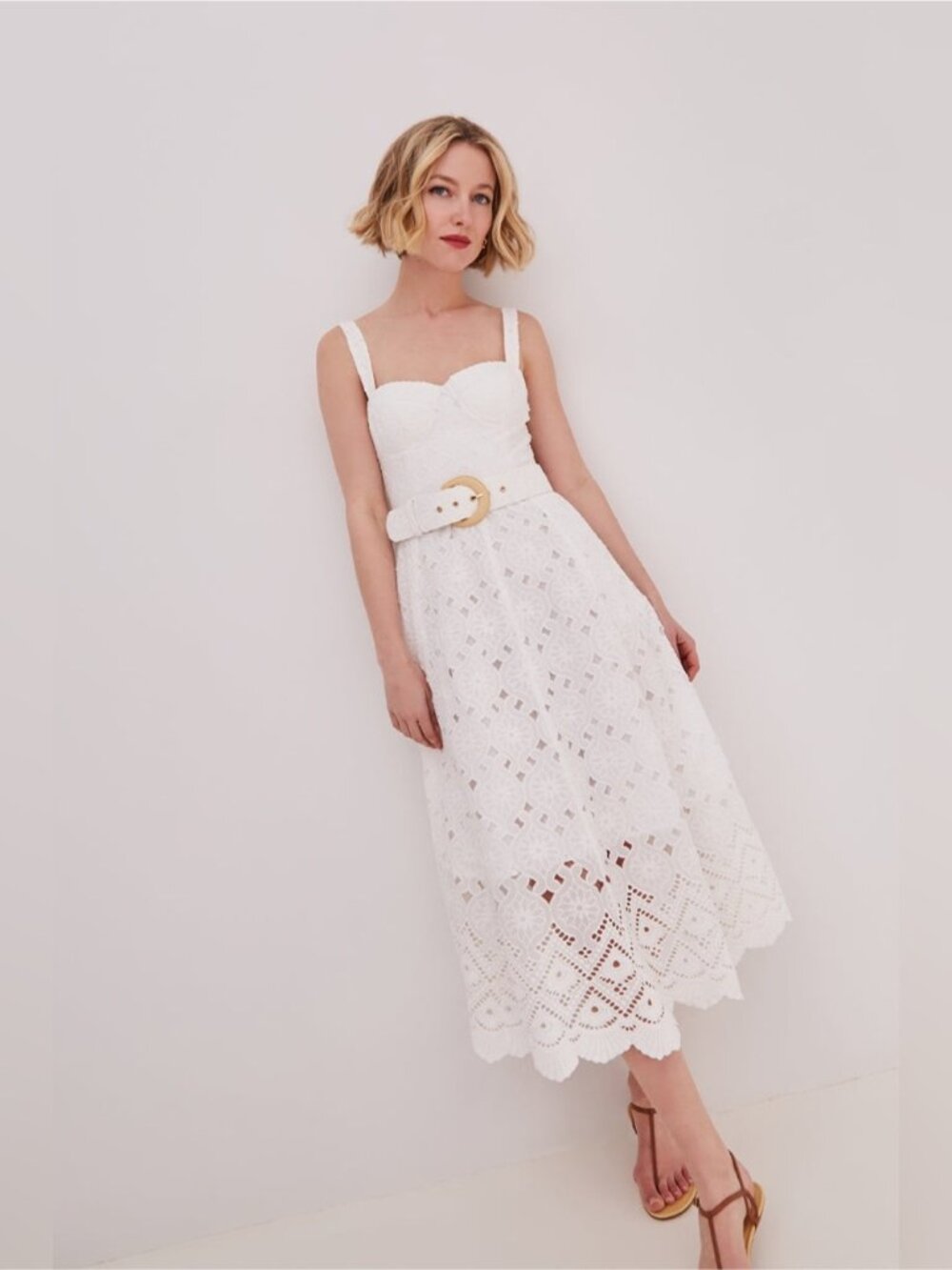 NEW Cara Cara Calypso Bustier Midi Dress Trellis Eyelet White Lace | US 6 UK 10 - Picture 3 of 16